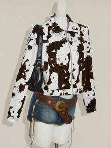 SHEIN ICON Fall/Winter Women's Western Boho Cow Print Zip Front Cropped Long Sleeve Jacket - Multicolor - View 8