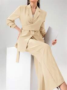 Heiryn Women's Elegant Solid Color Blazer And Pants Suit, Office Wear,Fall - Apricot - View 5