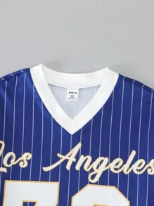 SHEIN Sparklyn Tween 女童休闲街头运动棒球夹克、冰球服、字母和数字印花 V 领 T 恤 - 藏蓝色 - 查看 7