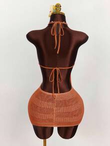 Amplova Crocheted Triangle Cup Asymmetric 3D Floral Decor Bodycon Mini Dress Orange Dress - Orange - View 6