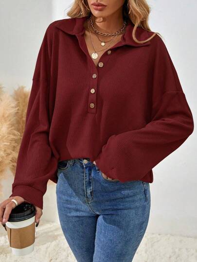 EMERY ROSE Women's Solid Color Drop Shoulder Long Sleeve Button Half Placket Loose Casual T-Shirt