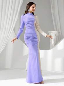 Coutiva High-End Evening Gown Formal Dress With Rhinestone Colorblock Design, Elegant Luxury Quality Fashionable - Mauve Purple - View 1