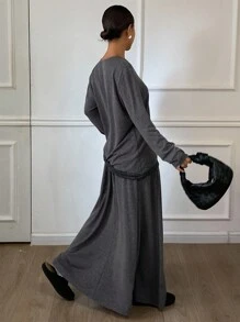 Livesso Set de 2 piezas Conjunto informal y holgado de estilo urbano gris, Conjunto de salón de otoño/invierno para mujeres - Gris - Ver 2