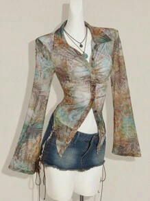 SHEIN ICON Áo thun nữ tay loe in họa tiết cây nhiệt đới phong cách miền Tây cổ điển Boho thời trang mùa thu - Nhiều màu - Xem 8
