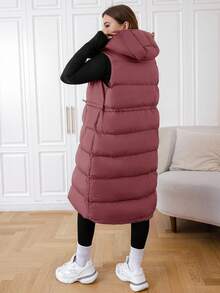 EURMUSE Plus Size Long Hooded Black Winter Vest Jacket - Dusty Pink - View 2