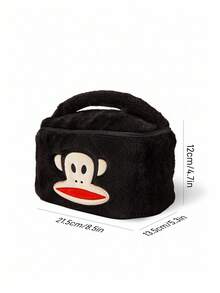 Paul Frank X SHEIN 1 件可爱毛绒猴子图案大容量圆柱化妆包，手提，超大空间，可存放化妆品瓶和日常用品，适合女性和青少年，猴子，时尚 - 黑色 - 查看 7