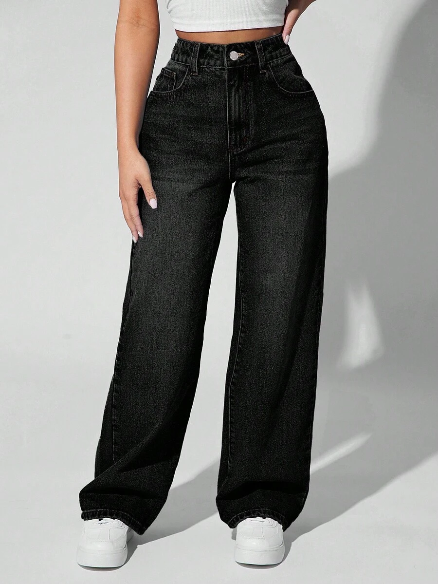 EURMUSE Quần jeans ống đứng bỏ túi thời trang thường ngày dành cho nữ - màu đen - Xem 1