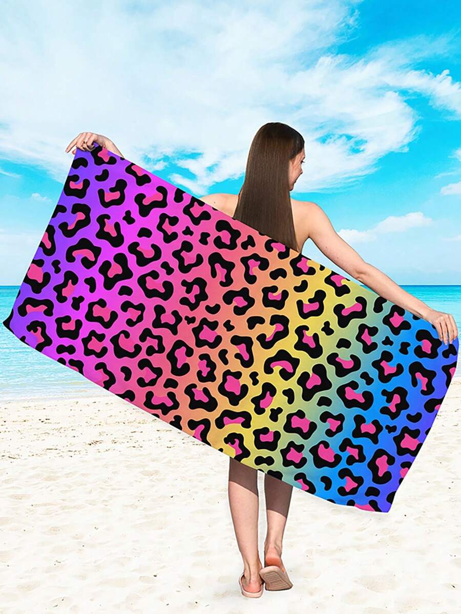 SHEIN 1pc Leopard Print Beach Towel, Modern Microfiber Rectangle Travel Beach Towel For Swimming, Diving, Summer - Multicolor - View 1