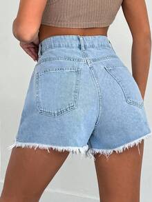 EURMUSE 100%纯棉女士浅蓝色毛边水洗牛仔短裤 - 淺色水洗藍 - 查看 2