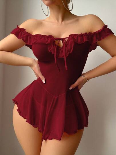 Snug Zone Burgundy Mesh Slip Dress With Ruffled Off Shoulder Design For Women, Going Out Red Lingerie Dress Red Ruffled Lingerie Dress Babydoll Lingerie Dress Burgundy Lingerie Maroon Lingerie