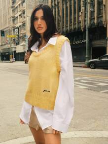 Easelle Retro Embroidered Deep U Neck Vest Tank Top For Women - Yellow - View 5