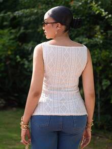 Melissa Matos Áo sơ mi nữ không tay họa tiết hình học cài một hàng khuy đơn giản - Màu be - Xem 2