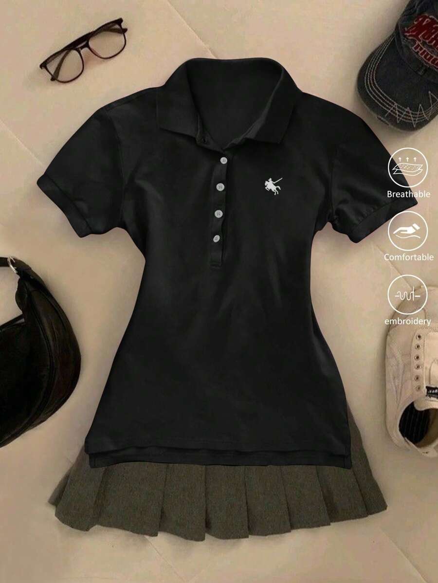 SHEIN Embroidered Polo Collar Fitted Women Blouse - Multicolor - View 1