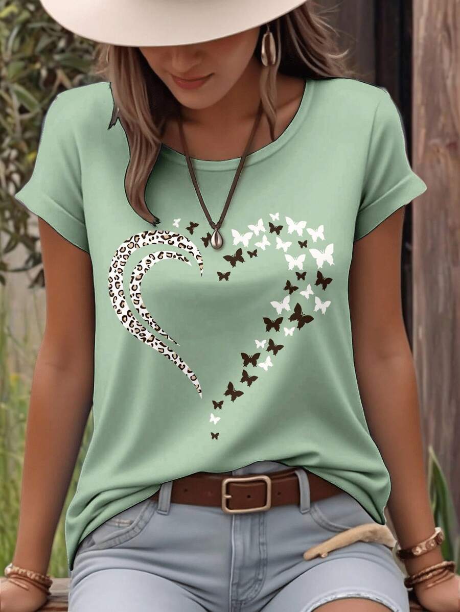 SHEIN LUNE Plus Size Women Summer Casual Leopard, Butterfly & Heart Print Round Neck T-Shirt