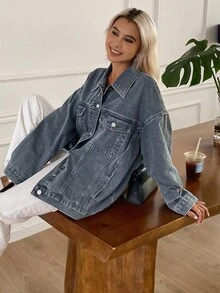 Livesso 女式宽松休闲翻领水洗牛仔夹克