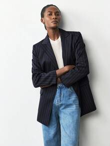 Maija 女士蓝色条纹长款休闲西装外套，秋季百搭都市风格，商务休闲女装，秋季，女士秋季 - 藏蓝色 - 查看 7