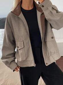 Livesso Jaqueta feminina casual folgada com gola lapela e bolsos grandes. - Castanho - Ver 1
