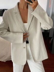 Livesso Women's Solid Color Loose Casual Blazer Business Attire - Beige - View 1