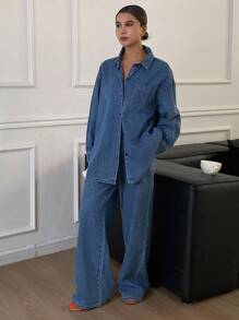 Livesso 秋冬新款宽松休闲纯色复古设计女式牛仔两件套 - 藍色 - 查看 4