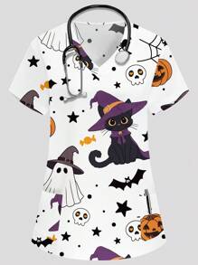PopScrub Women's White V-Neck Short Sleeve Double Pocket Cute Witch, Cat, Candy Pumpkin, Spider Print Nurse/Doctor Work Uniform Top/Health Check Surgery Uniform/Solid Color Pet Grooming Work Uniform Top/Nutritionist Work Uniform Short Sleeve/Multi-Pocket Functional Lab Work Uniform, Functional Women's Holiday Costume, Women's Top, Summer Women's Top, Halloween Women's Top