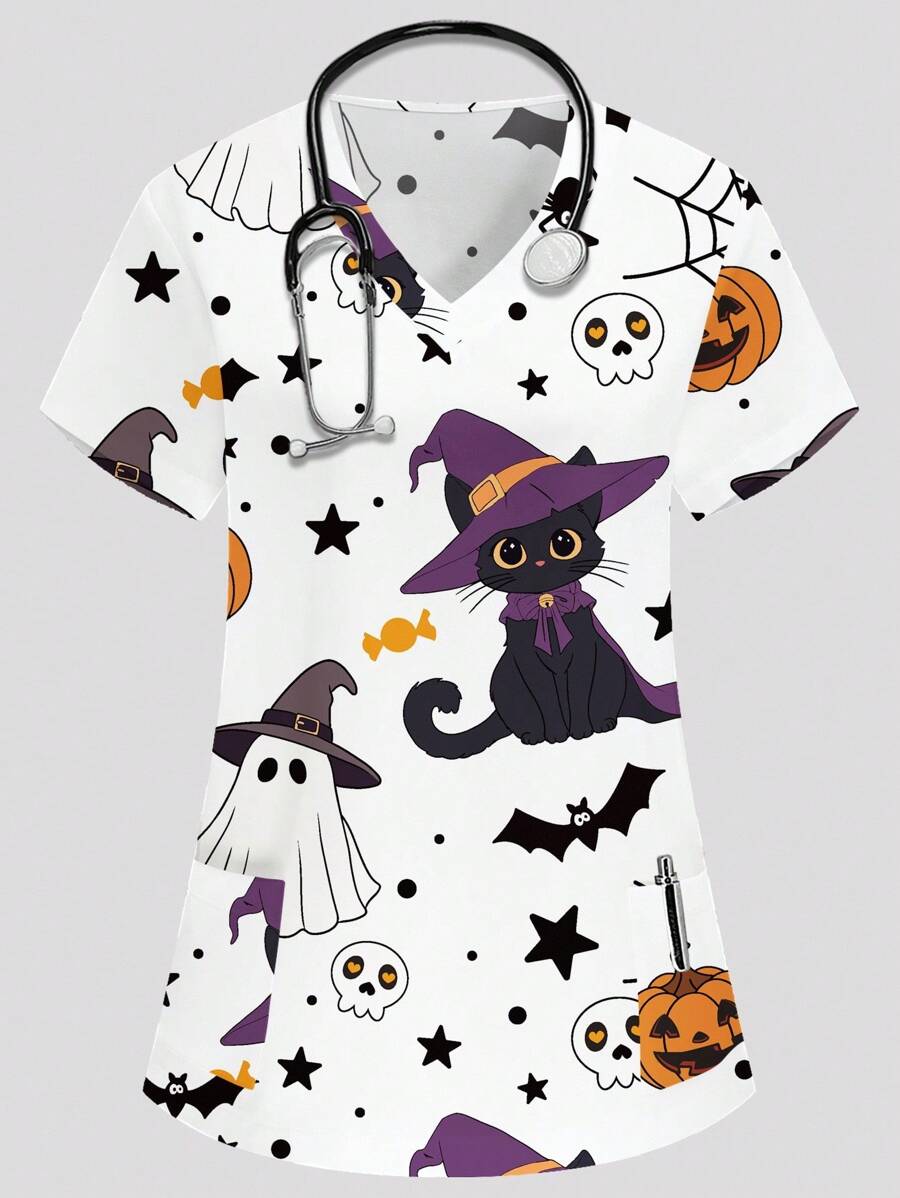 PopScrub Women's White V-Neck Short Sleeve Double Pocket Cute Witch, Cat, Candy Pumpkin, Spider Print Nurse/Doctor Work Uniform Top/Health Check Surgery Uniform/Solid Color Pet Grooming Work Uniform Top/Nutritionist Work Uniform Short Sleeve/Multi-Pocket Functional Lab Work Uniform, Functional Women's Holiday Costume, Women's Top, Summer Women's Top, Halloween Women's Top