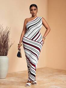 Veslaya Vestido maxi ajustado de punto asimétrico con hombros y rayas, ideal para mujer talla grande en primavera/verano 2025 - Estilo vintage, tropical, festival de música, club, viaje por carretera, casual, vacaciones en la ciudad, graduación, vacaciones elegantes - B - Blanco y Negro - Ver 4