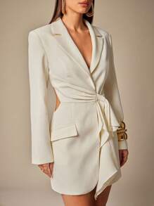 Silquee 高端系列秋冬纯米色早秋时尚女装适合上班办公室女士商务休闲女装西装套裙垂坠丝带设计，不对称设计高端西装套裙，一字肩棉质设计，优雅淑女女装，端庄大方简约简约长袖时尚连衣裙，适合日常穿着，优雅西装套裙，适合日常约会，夜间办公室，夜店，聚会，派对 - 杏色 - 查看 5