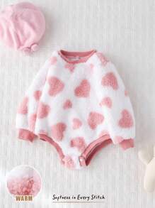 Cozy Pixies 女婴爱心图案加厚抓绒圆领长袖连体衣，女婴冬季新生儿服装，女婴爱心套装，柔软婴儿服，粉色女婴套装 - 彩色 - 查看 1