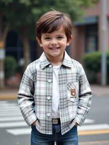 SHEIN Baby Boy Cute Beige Bear Embroidery Plaid Long Sleeve Shacket,Fashionable Autumn Button Up Shirt,Casual Fall Winter Jacket For Daily Outings,Club - Multicolor - View 8