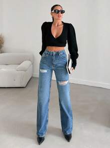 EURMUSE 100%Cotton Ripped Straight Leg Jeans - Medium Wash - View 6