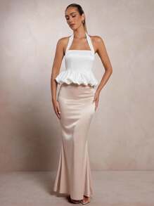 L'Amorae Bubble Hem Peplum Halter Sleeveless Satin Summer Top - White - View 3