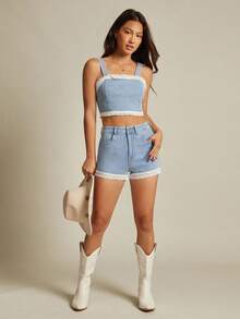 WESTFADE Western Mixed Media Cotton Blend Denim & Summer Floral Eyelet High Rise A Line Ruffle Shorts Back To School Cute Fall Country Summer Beach Vacation - Light Wash - View 3