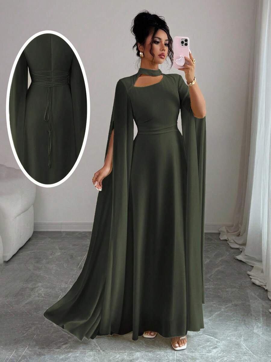 Elenzga Vestido de playa elegante y romántico estilo francés para vacaciones, de tela de gasa transparente, con cuello hueco, espalda con cruce y amarre, falda larga acampanada, manga larga, puños con abertura, adecuado para el té de la tarde, fiestas, estilo de Medio Oriente, primavera/verano