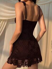 MainGRL 女式棕色花卉蕾丝蝴蝶结装饰修身无袖迷你连衣裙 - 棕色 - 查看 2