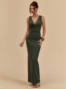 SHEIN BAE Đầm ôm sát cổ xếp nếp màu xanh lá cây đậm/xanh lá cây, Đầm ôm sát thanh lịch - Màu be - Xem 6