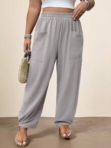 Freevana Plus Size Light Grey Woven Fabric Casual Long Pants With Pockets - Light Grey - View 5