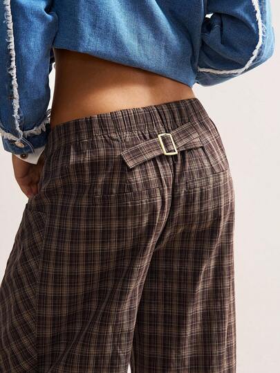 Bohemela Casual Woven Plaid Low Waist Loose Women Pants