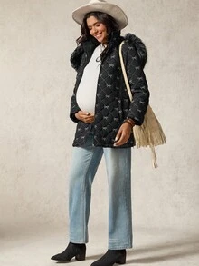 Boho Mama Maternity Bow Pattern Hooded Long Sleeve Padded Coat