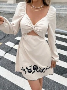 Serisse Women's Floral Embroidery Twist Hollow Out Mini Dress, Fall Women Long Sleeve Dress, Homecoming ,Going Out Tops Women ,Business Casual Woman,Old Money Style Women ,Wedding Guest Dress Women Winter Beach - Apricot - View 1