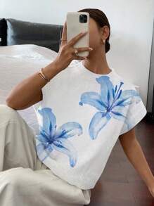 Siren Gaze Áo len tay ngắn phong cách Pháp thường ngày dành cho nữ, họa tiết hoa, phù hợp cho mùa thu/đông, màu xanh lam - Nhiều màu - Xem 6