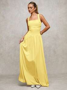 SHEIN BAE 女士优雅纯色棕色连衣裙，宽领喇叭裙，适合春夏季 - 黃色 - 查看 6