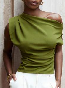 Aveloria Modichic Classy Commuting Well-Cut Old Money Style Asymmetric Shoulder Design Ruched Small Cap Sleeve Gathered Waist Women's Blouse