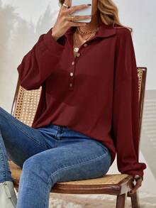 EMERY ROSE Camiseta casual holgada de mujer de unicolor, de manga larga, con caída en los hombros, botones y abertura media - Rojo - Ver 5