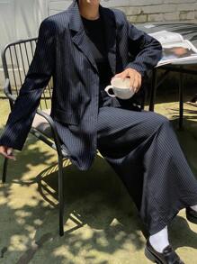 DAZY 2 件套女士商务休闲条纹翻领夹克和裙子套装，秋季 - 藏蓝色 - 查看 6