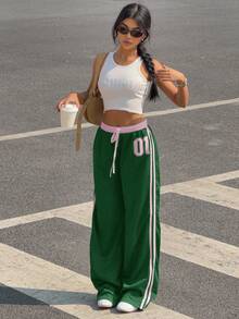 SHEIN EZwear 加大码橄榄绿拼布撞色字母印花裤，Y2k 休闲装 - 墨綠色 - 查看 1