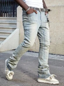 ROMWE MEN Street Life Men's Sparkling Diamond Layered Flare Jeans - Blue - View 3