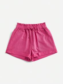 SHEIN Quần short denim cạp chun màu trơn, viền cuộn, thường ngày, đa năng cho nữ, mùa hè - Màu Hồng Tươi - Xem 5