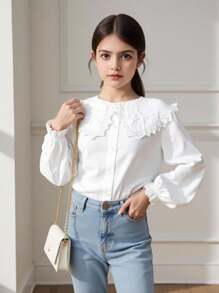 SHEIN Leap Crew 運動/休閒純色織物Peter Pan領長袖上衣，適用於女童 - 白色 - 查看 7