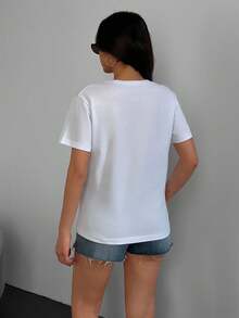 RueChic Woman Short Sleeve Solid Color Heart Printed Neck T-Shirt Tee - Cream - View 2