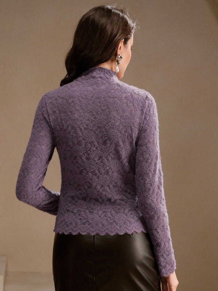 Sexy & Elegant Purple 3D Floral Lace Turtleneck Romantic Women's Base Layer T-Shirt